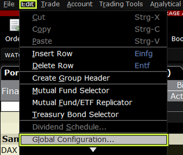 The Trader Workstation menu bar with the Edit menu open and Global Configuration highlighted at the bottom of the list.