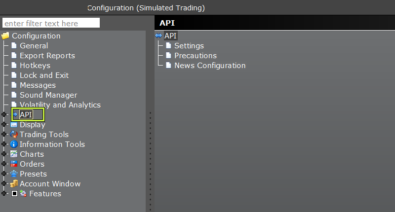 The Global Configuration window. In the tree on the left, the API entry is highlighted; its three children Settings, Precautions and News Configuration are listed on the right.