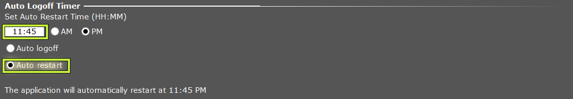 The Auto Logoff Timer section of the Lock and Exit pane. A restart time is set, and the Auto restart option is selected rather than Auto logoff. Both are outlined.