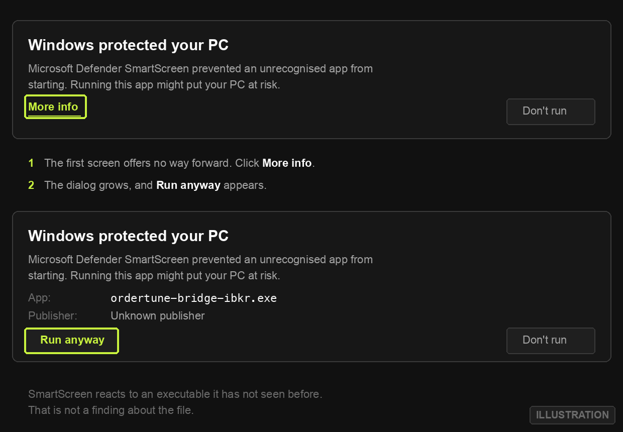 An illustration of the Windows SmartScreen dialog in two states. First it says Windows protected your PC and offers only Don't run, with a small More info link highlighted. After clicking it, the dialog shows the app name and an unknown publisher, and a Run anyway button appears.