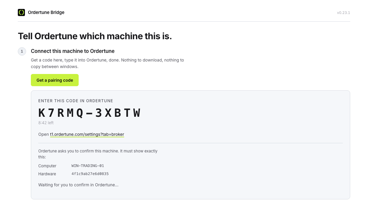 The Bridge window after clicking Get a pairing code. A panel headed Enter this code in Ordertune shows the code K7RMQ-3XBTW in large spaced type, a countdown reading 8:42 left, a link to t1.ordertune.com/settings?tab=broker, and below a divider the machine it will pair: computer WIN-TRADING-01, hardware 4f1c9ab27e6d0835.