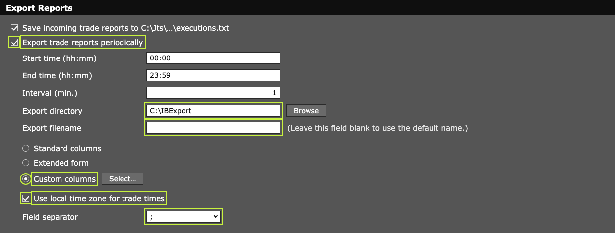 An illustration of the Export Reports pane. Export trade reports periodically is ticked, start time 00:00, end time 23:59, interval 1, export directory C:\IBExport, and the Export filename field is empty. Custom columns is selected, Use local time zone for trade times is ticked, and the field separator is a semicolon. The six settings that matter are outlined.